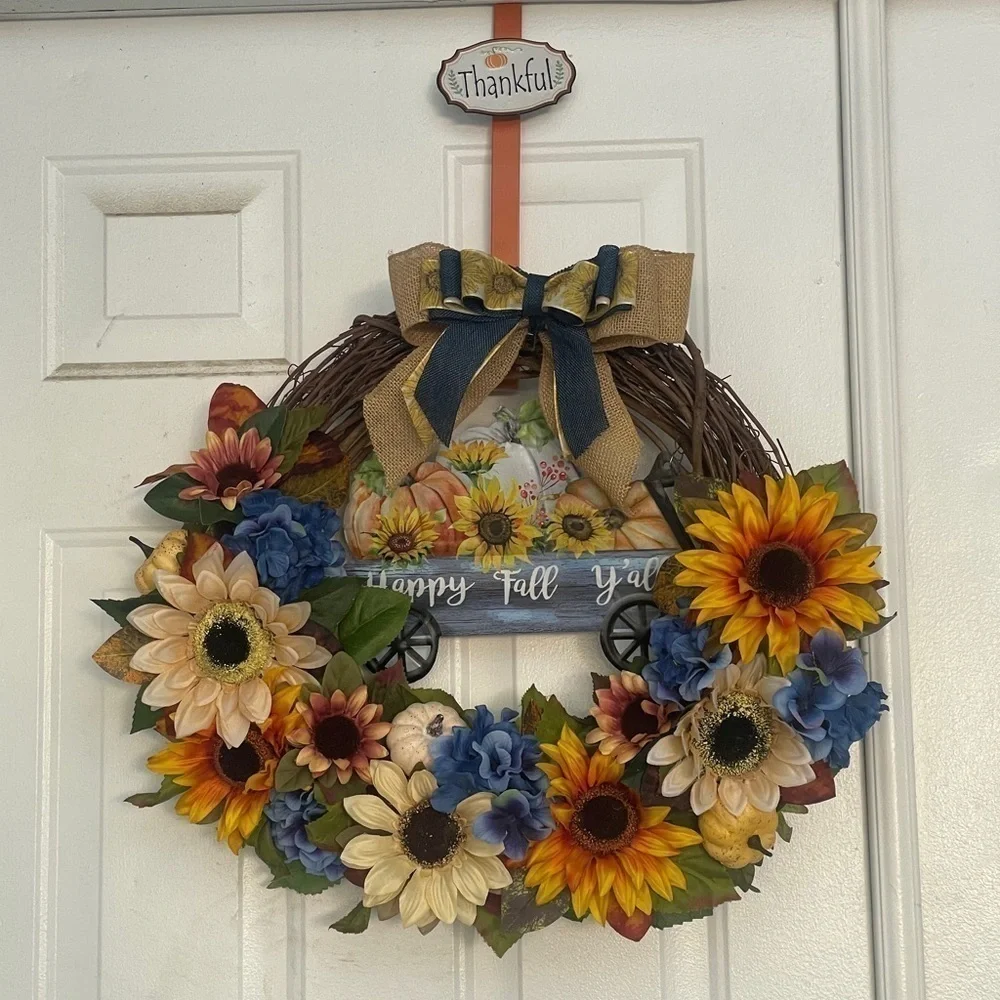 Handmade fall sunflower wreath sign says happy fall y’all 24”